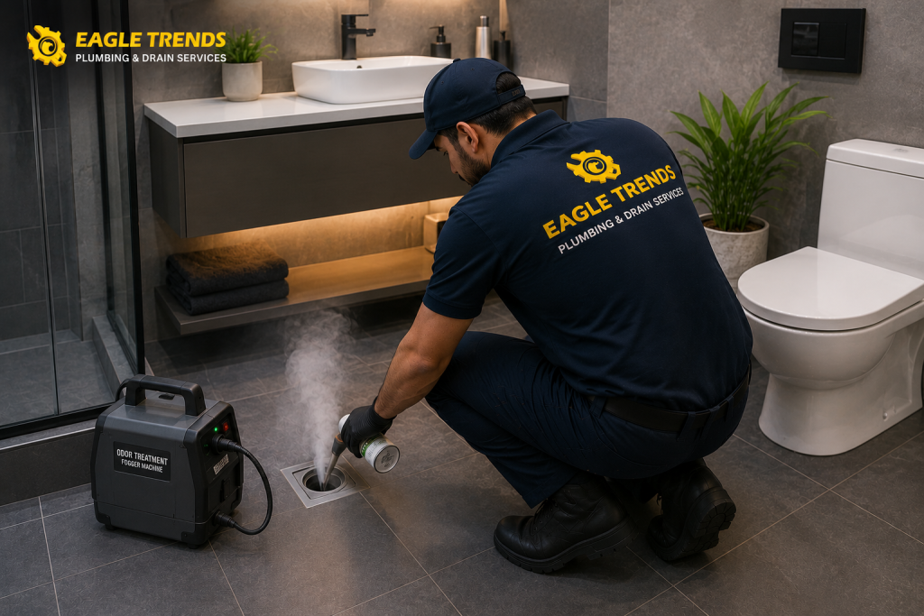 Professional sewer smell removal service in Abu Dhabi with an Eagle Trends technician treating a bathroom floor drain to eliminate bad odors.