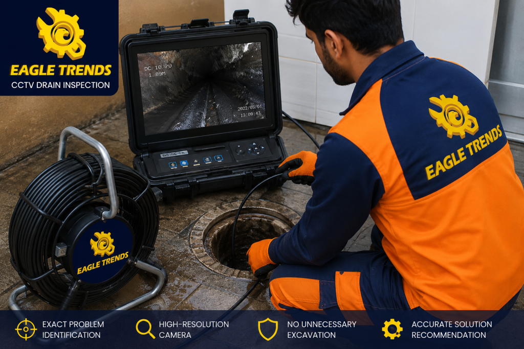 Professional CCTV drain inspection in Abu Dhabi using a high-resolution drain camera to detect hidden blockages, damaged pipes, and underground drainage issues.
