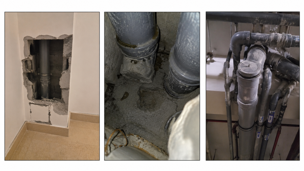 Drain odor inspection by opening the wall to check hidden drainage pipes in Abu Dhabi.