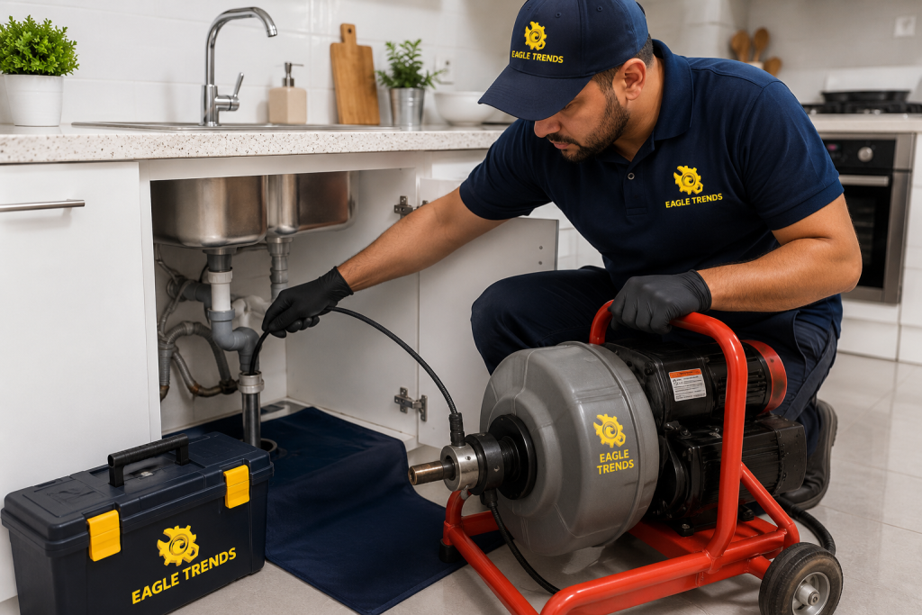 Technician providing professional kitchen drain cleaning service using a drain cleaning machine under a kitchen sink in Abu Dhabi.