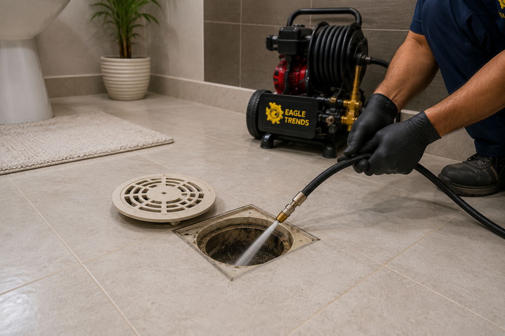 Technician cleaning a residential bathroom floor trap using professional hydro jet drain cleaning equipment in Abu Dhabi.