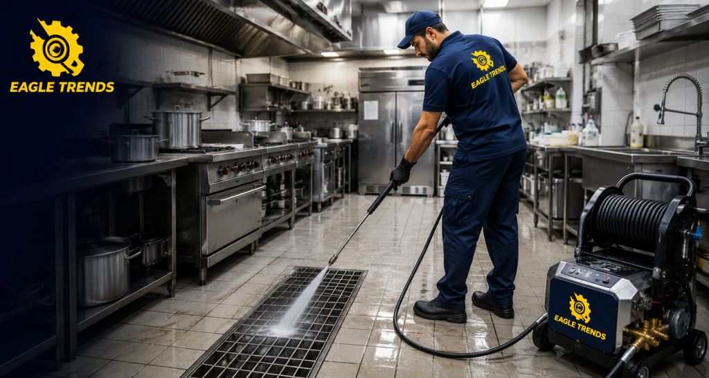 Professional hydro jetting service removing grease buildup from a restaurant kitchen drain